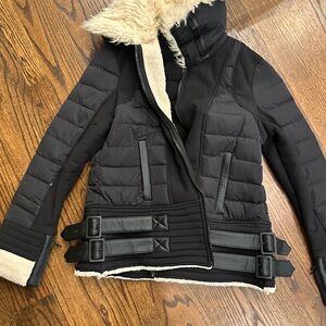 Blanc Noir Black Puffer Jacket with Faux Fur Trim